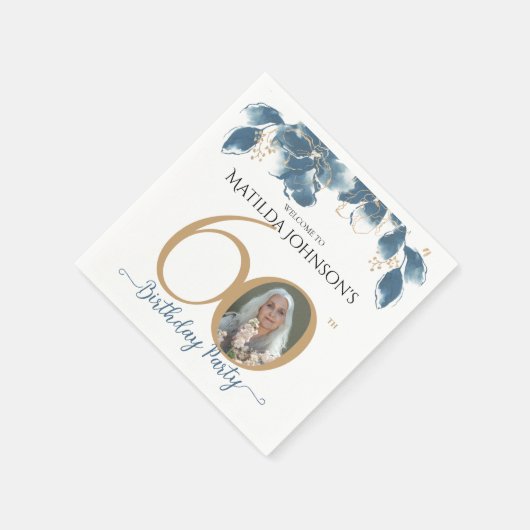 60. Geburtstag Blaues goldenes Foto Serviette (Ecke)