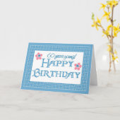 60. Geburtstag, blaues Karo-Gingham-Muster Karte (Gelbe Blume)