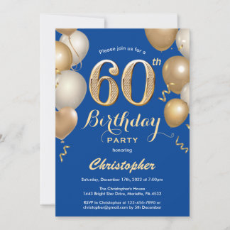 60. Geburtstag Blue and Gold Balloons Confetti Einladung