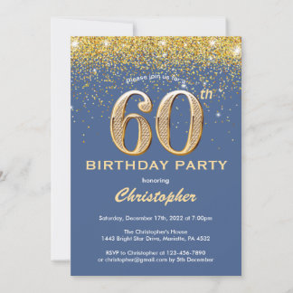 60. Geburtstag Blue and Gold Glitzer Confetti Einladung