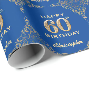 60. Geburtstag Blue and Gold Glitzer Frame Geschenkpapier