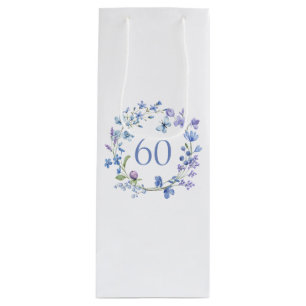 60. Geburtstag Blue Floral Watercolor Geschenktüte Für Weinflaschen