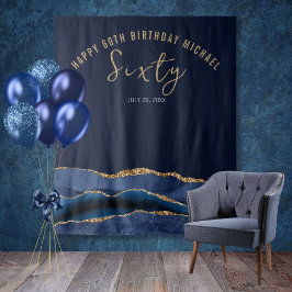 60. Geburtstag Blue Gold Agate Foto Hintergrund Wandteppich