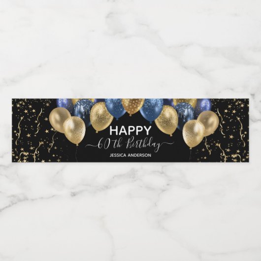 60. Geburtstag Blue Gold Balloons Wasserflaschenetikett (Einzelnes Label)