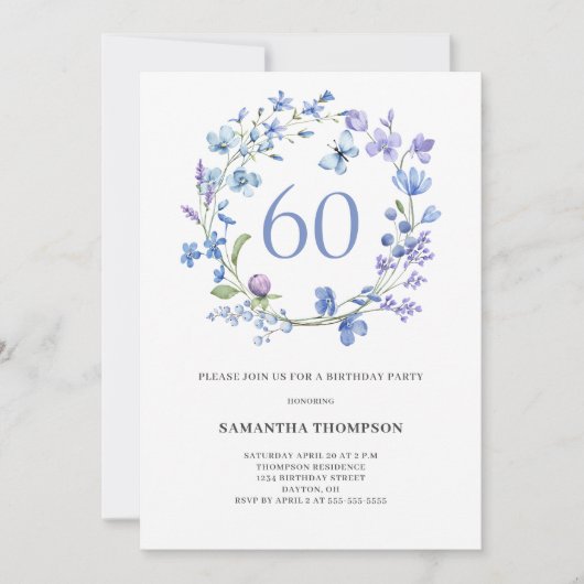 60. Geburtstag Blumenblauer Wasserfarben Einladung (Vorderseite)