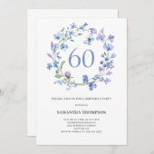 60. Geburtstag Blumenblauer Wasserfarben Einladung (Vorne/Hinten)