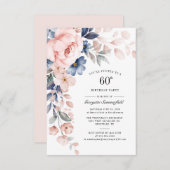 60. Geburtstag Blumenstäube Blauer Rosa Einladung (Vorne/Hinten)
