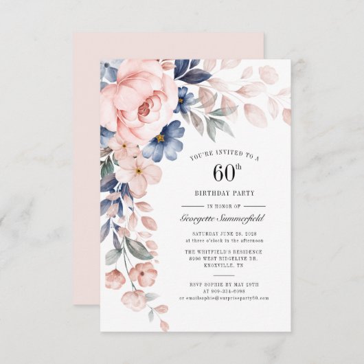 60. Geburtstag Blumenstäube Blauer Rosa Einladung (Vorne/Hinten)