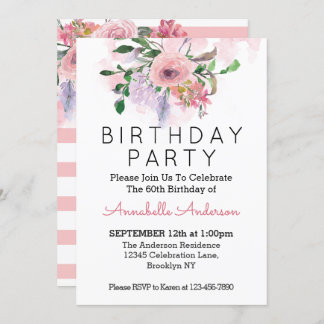 60. Geburtstag Blush Pink Floral Wasserfarbe Strei Einladung