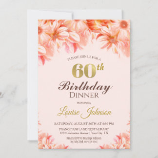 60. Geburtstag Blush Pink Golden Floral Dinner Par Einladung