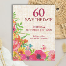 60. Geburtstag Bold Floral Linen Save The Date