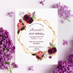 60. Geburtstag bordeauxfarbene, weiße Einladung Postkarte<br><div class="desc">Im Vordergrund: Eine Einladung zu einer eleganten 60. Geburtstagsfeier. Ein eleganter weißer Hintergrund mit einem geometrischen Rahmen in Imitaten. Die Einrichtung ist mit dunkelbordeauxfarbenen und rosafarbenen Blume, Rose und Boho-Federn geschmückt. Vorlagen für einen Namen und Party Details. Der Name wird mit einem handgeschriebenen Stil-Skript geschrieben, bordeauxfarbene Buchstaben. Zurück: bordeauxfarbener Hintergrund....</div>