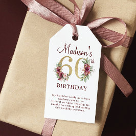 60. Geburtstag Burgund Gold Floral Personalisiert Geschenkanhänger