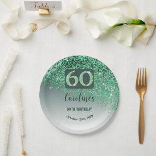 60. Geburtstag Chic Falling Green Glitzer Pappteller