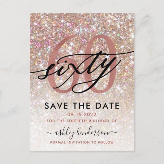 60. Geburtstag Chic Glitzer Ombre Save the Date Postkarte (Vorderseite)