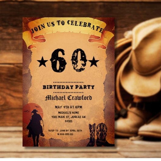 60. Geburtstag Cowboy Alt-Papier Reiten Party Einladung