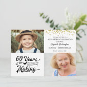 60. Geburtstag Dann & Jetzt Fotos Gold Confetti Einladung (Stehend Vorderseite)