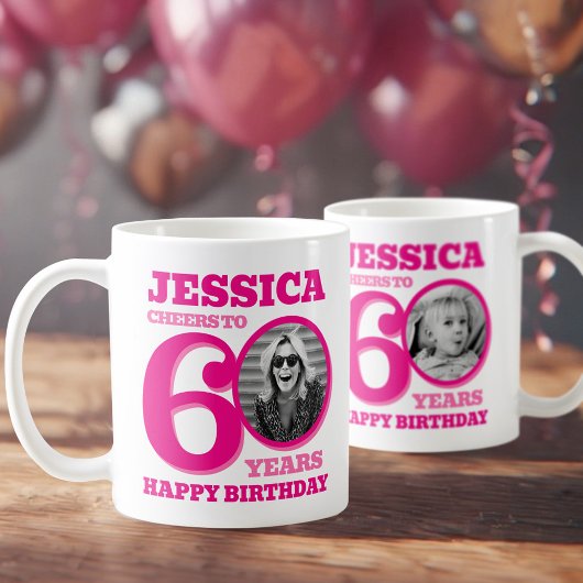 60. Geburtstag doppelseitiger Foto Name Rosa Text Kaffeetasse