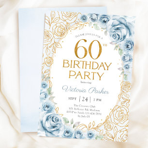60. Geburtstag Dusty Blue Gold Floral Feminine Einladung