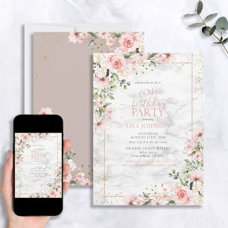 60. Geburtstag Dusty Pink Gold Aquarellmarmor Einladung