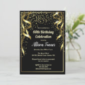60. Geburtstag Einladung Black and Gold Confetti (Stehend Vorderseite)