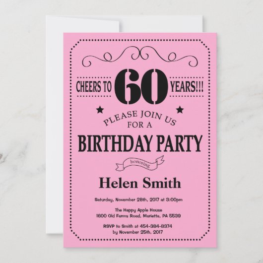 60. Geburtstag Einladung Black and Pink (Vorderseite)