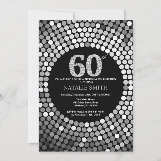 60. Geburtstag Einladung Black and Silver Glitzer (Vorderseite)