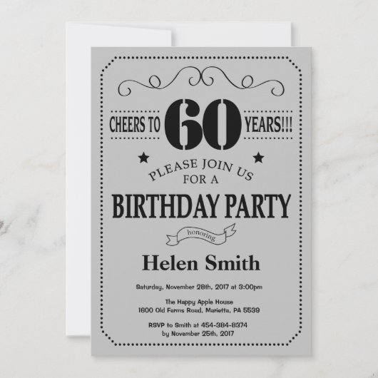 60. Geburtstag Einladung Black und Silver Gray (Vorderseite)