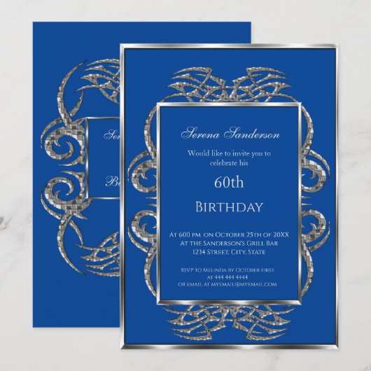 60. Geburtstag Einladung Blue Silver (Vorne/Hinten)