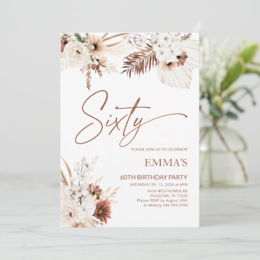60. Geburtstag Einladung Boho Pampas (Stehend Vorderseite)