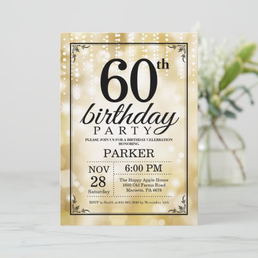 60. Geburtstag Einladung Gold Glitzer (Stehend Vorderseite)