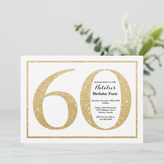 60. Geburtstag Einladung Gold Glitzer (Stehend Vorderseite)