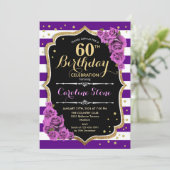 60. Geburtstag Einladung Lila Gold mit Rose (Stehend Vorderseite)