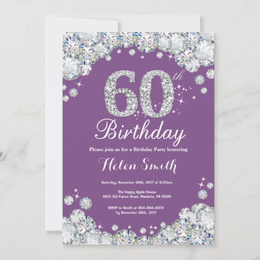 60. Geburtstag Einladung Lila und Silver Diamond (Vorderseite)