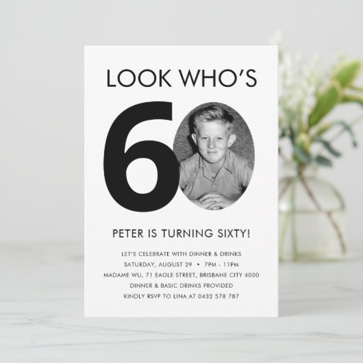 60. Geburtstag Einladung mit Foto (Stehend Vorderseite)