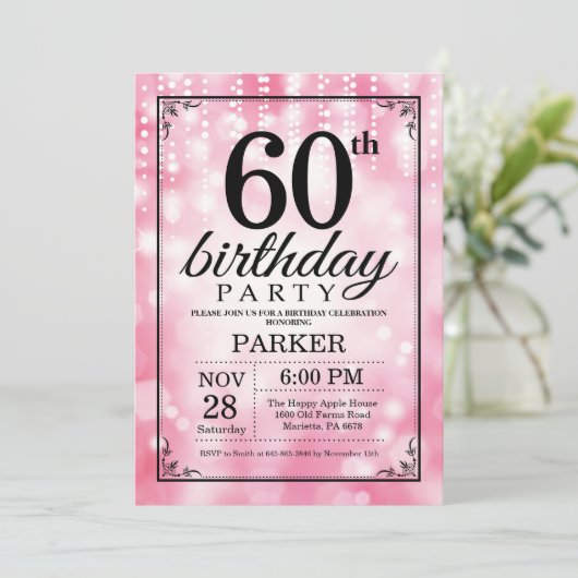 60. Geburtstag Einladung Rosa Glitzer (Stehend Vorderseite)