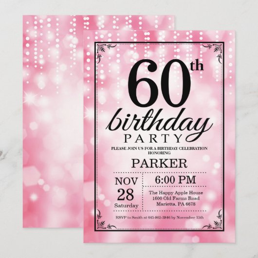 60. Geburtstag Einladung Rosa Glitzer (Vorne/Hinten)