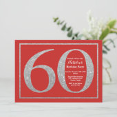 60. Geburtstag Einladung Rot und Silber Glitzer (Stehend Vorderseite)