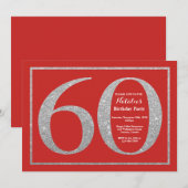 60. Geburtstag Einladung Rot und Silber Glitzer (Vorne/Hinten)
