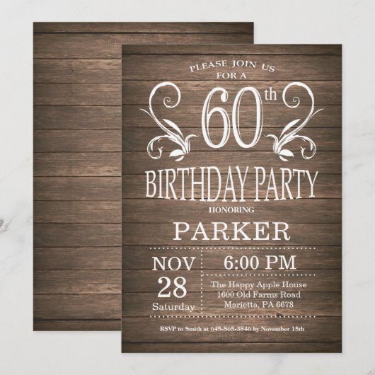 60. Geburtstag Einladung Rustikale Holzflora (Vorne/Hinten)