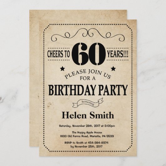 60. Geburtstag Einladung Rustikale Vintage Retro (Vorne/Hinten)