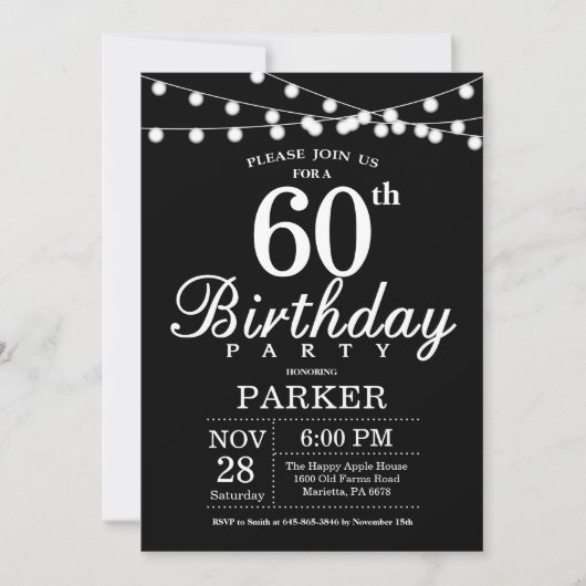 60. Geburtstag Einladung Schwarz und Weiß (Vorderseite)