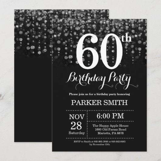 60. Geburtstag Einladung Silberner Glitzer (Vorne/Hinten)