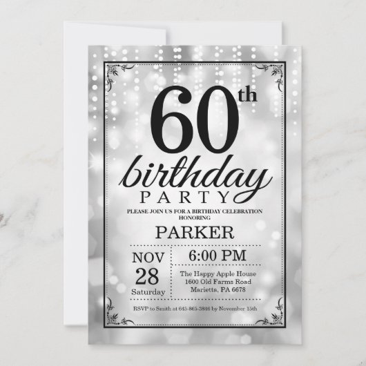 60. Geburtstag Einladung Silberner Glitzer (Vorderseite)