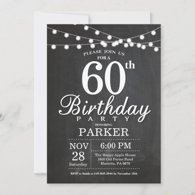 60. Geburtstag Einladungs-Chalkboard Streichbeleuc Einladung (Vorderseite)