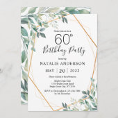 60. Geburtstag Elegant Eukalyptus Grüne und Gold Einladung (Vorne/Hinten)