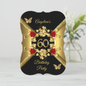 60. Geburtstag Elegant Gold Rote Rosen Black Einladung (Stehend Vorderseite)