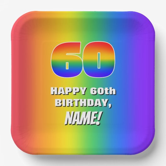 60. Geburtstag: Farbiges, lustiges Regenbogenmuste Pappteller (Vorderseite)