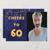 60. Geburtstag feiert 60 Goldballon Text blau Einladung (Vorne/Hinten)
