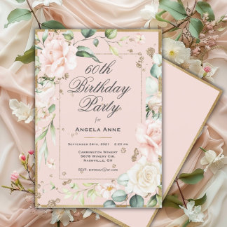 60. Geburtstag Floral Pink Gold Aquarellfarben Flo Einladung